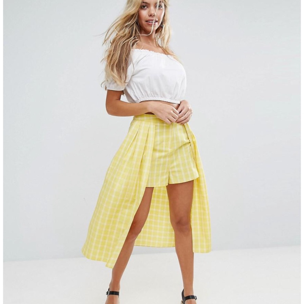 New ASOS Yellow Checked Long Skort - Picture 2 of 8